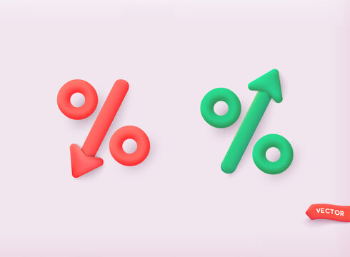 Price low down and up icon concept. Interest low price 3d percent discount vector iconPercentage with arrow up and down. 3D Web Vector Illustrations.