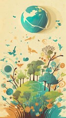 Celebrate Earth Day with a captivating hand-drawn illustration featuring a colorful planet and environmental symbols. Boasting soft colors, bold outlines, and cel shading in a cartoon style.