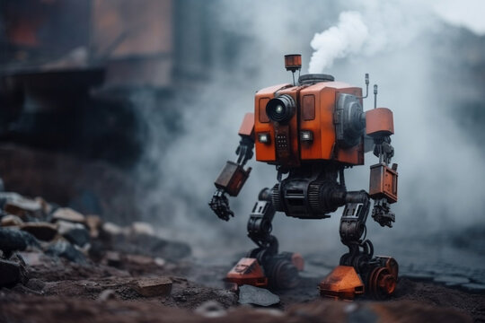A robot with a destroyed city after the end of the world. AI Generative.