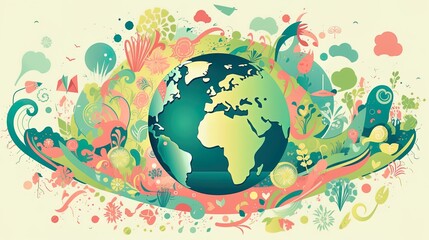 Celebrate Earth Day with a captivating hand-drawn illustration featuring a colorful planet and environmental symbols. Boasting soft colors, bold outlines, and cel shading in a cartoon style.