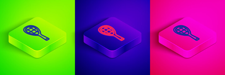 Isometric line Tennis racket icon isolated on green, blue and pink background. Sport equipment. Square button. Vector