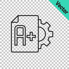 Black line Exam sheet with A plus grade icon isolated on transparent background. Test paper, exam, or survey concept. School test or exam. Vector