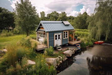 Obraz premium Secluded wooden tiny house in beautiful nature,created with Generative AI 