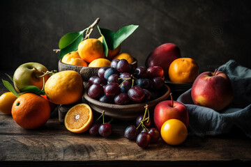 composition of colorful fruits on a wooden table. generative AI.