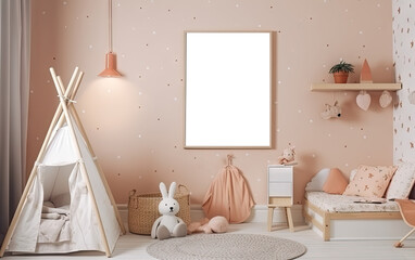 Modern scandinavian children room interior with frame mockup transparent png poster. natural toys, teddy bear and rabbit. Minimalistic and cozy interior with pink walls. Generative AI