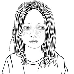 Cute Girl with long hair.  looks to the left. Anxiety Relief Coloring Book for Adults and children. Black and white. Doodle style.
