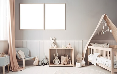 Modern scandinavian children room interior with frame mockup transparent png poster. natural toys, teddy bear and rabbit. Minimalistic and cozy interior with grey walls. Generative AI