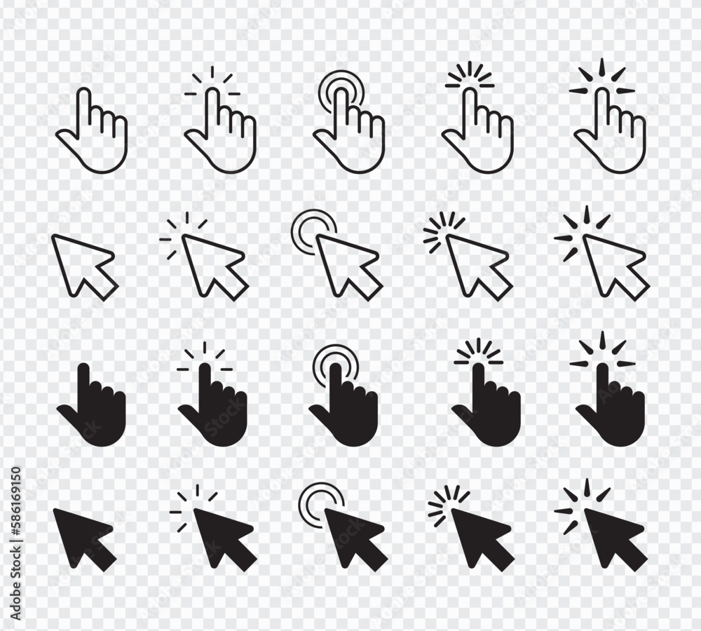 Poster Pointer click icon set . Cursor line, touch sign, pointing hand click symbols for web and mobile phone isolated 4 style, vector illustration