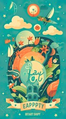 Fototapeta premium Celebrate Earth Day with a captivating hand-drawn illustration featuring a colorful planet and environmental symbols. Boasting soft colors, bold outlines, and cel shading in a cartoon style.