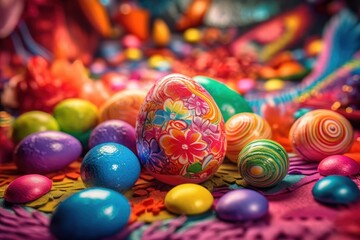 Fototapeta na wymiar Vibrant Rainbow Coloured Easter Eggs on a candy land themed background. Generative AI Illustration