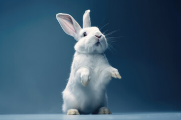 Cute white rabbit stands tall on its hind legs on a blue background. Generative AI.