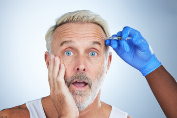 Botox, wow portrait and surprise of a senior man in a studio doing plastic surgery and cosmetic...