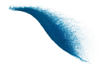 Blue Sand flying explosion, Ocean sands grain wave explode. Abstract cloud fly, colored splash throwing in Air. White background Isolated high speed shutter, throwing freeze stop