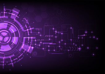Abstract Technology Background in Tech Circles intersecting lines and shining point geometric shapes Gears and Elements Bright Purple Gradient Background