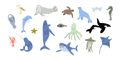 Sea animals. Cute aquatic fish, turtle, whale, narwhal, dolphin, octopus, starfish, crab, jellyfish, seal and other. Kids vector illustration.