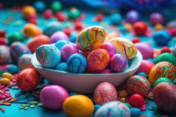 Fototapeta premium Vibrant Rainbow Coloured Easter Eggs on a candy land themed background. Generative AI Illustration