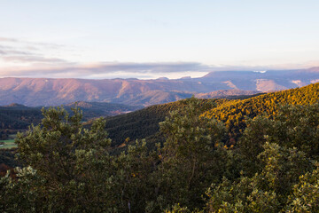 Autumn sunrise in the top of mountain in La Garrotxa, Spain