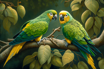 Two Colorful Green Exotic Parrots Sitting on a Tree (Generative AI)