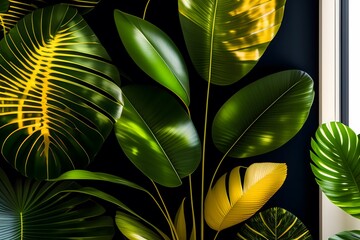 Rendering of Black And Gold Tropical Leaves. Generative AI. 