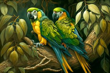 Two Colorful Green Exotic Parrots Sitting on a Tree (Generative AI)
