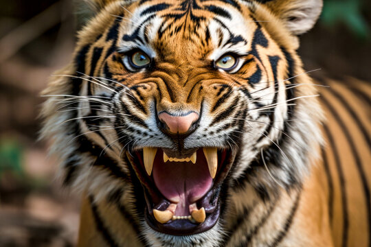 Angry tiger growling with an open mouth and a formidable grin