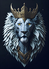 White lion head wearing a crown with a golden pattern hyper-detailed illustration, Generative AI