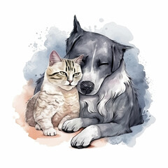 dog and cat cuddling, in watercolor style and warm colors, generated with generative ai