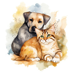 dog and cat cuddling, in watercolor style and warm colors, generated with generative ai