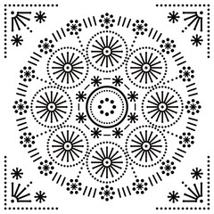 Geometric vector manadala in frame greeting card design with dots, flowers in black and white design - yoga, Zen, mindfulness concept 
