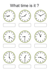 Game for kids. What time is it? Educational exercises for kids. Worksheets for practicing motor skills of children. Useful games for preschool and kindergarten.