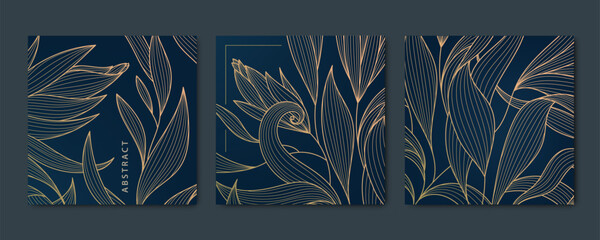 Vector set of abstract luxury golden square cards, post templates for social net, leaves botanical modern, art deco background. Pattern, texture for print, invitation, package design