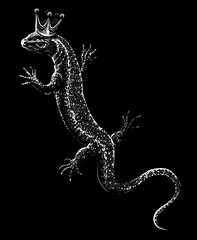 Lizard. Decorative, black-and-white image of a royal lizard on a black background in a sketch style. Digital vector graphics.