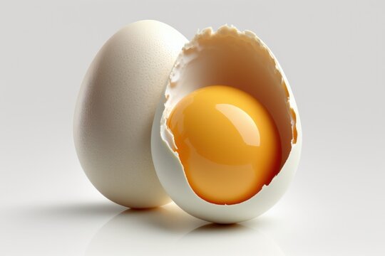 Broken eggshell, opened egg on white background (Generative AI)