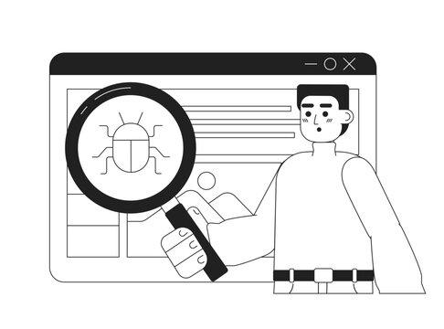Debugging web application black and white concept vector spot illustration. Editable 2D flat monochrome cartoon character for web design. Developer creative line art idea for website, mobile, blog