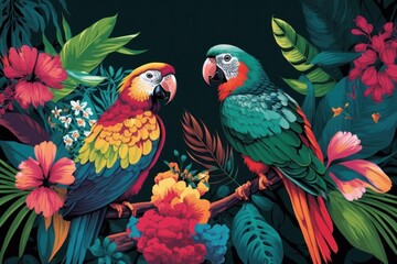 Exotic pattern with parrots and tropical flowers in light color created with AI generative technology