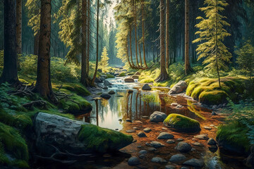 A beautiful sunny day in a European forest with a stream as a digital illustration (Generative AI)