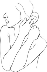 Minimalist silhouette of woman with long curly hair. Black and white. White background. Line drawing.