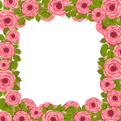 Vector frame with blooming roses. Floral illustration for postcard, poster, invitation decor etc. Flowers for spring and summer holidays.