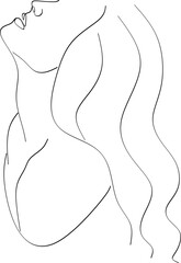 Minimalist silhouette of woman with long curly hair. Black and white. White background. Line drawing.