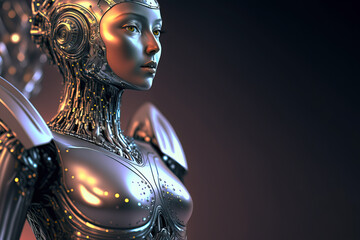 Retrofuturism metallic humanoid robot girl. Generative AI.