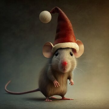 Generative AI image of funny curious mouse in Christmas hat standing over grey background while looking at camera