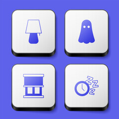 Set Table lamp, Ghost, Window with curtains and Alarm clock icon. White square button. Vector