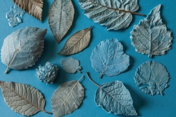 Illustration of leaves on a blue background created with Generative AI technology