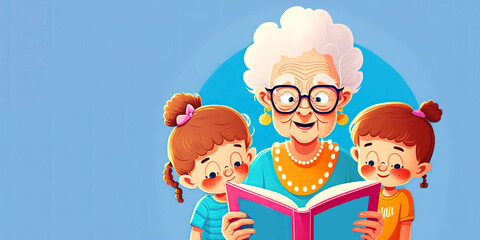 Grandmother reads story from kid's book to her granddaughters. Generative AI.