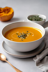 pumpkin soup in a white bowl