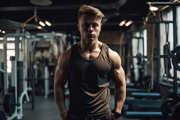 portrait of athletic man with a muscular body during a workout in gym. Generative AI