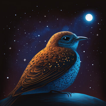 Pipo the Bird Stargazing with Wonder in the Night Sky, generative AI