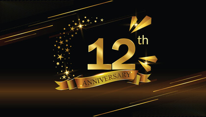 12th anniversary logo with golden ring, confetti and red ribbon isolated on elegant black background, sparkle, vector design for greeting card and invitation card