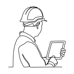 continuous line drawing of engineer professional construction worker using digital tablets