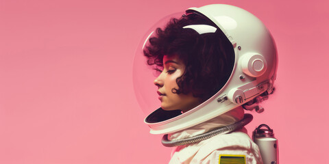 Side view portrait of a female astronaut wearing a space suit, at studio isolated over pink background. Generative AI image of a young attractive woman with curly hair.